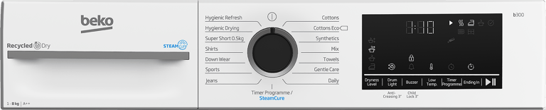 BM3T3833W Maximise energy efficiency with this 8kg Heat Pump Tumble Dryer featuring SteamCure technology. While the model's interior drum light ensures no item is overlooked, SteamCure uses the power of steam to refresh clothes, eliminating odours and creases without the need for a full wash. The appliance also uses lower temperatures and reused hot air to deliver superior fabric protection and reduced energy consumption, saving you money on your energy bills.
